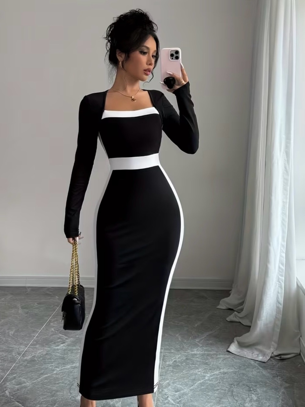 🖤HP!! 🖤French Style Black & White Long Sleeve Bodycon Dress